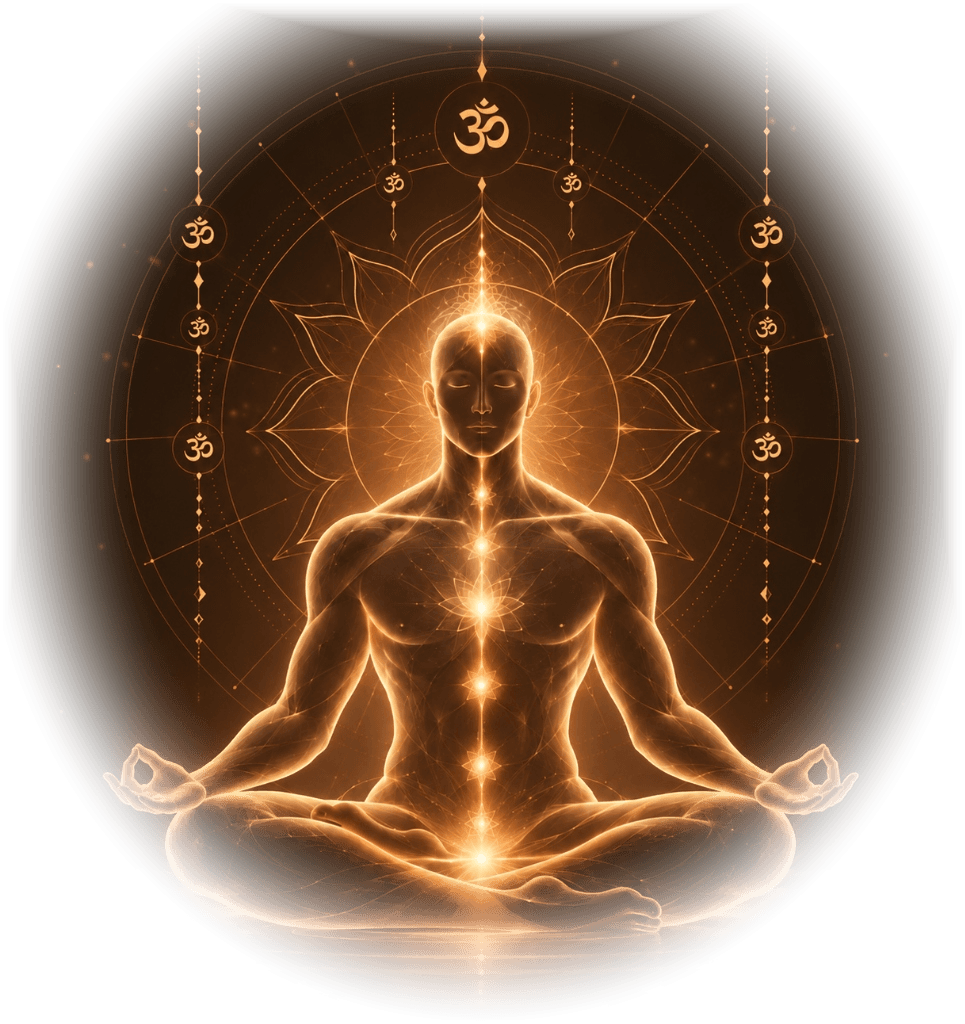 Illuminated Kundalini Yogi in Lotus Meditation with Sacred Geometry and Om Mandala